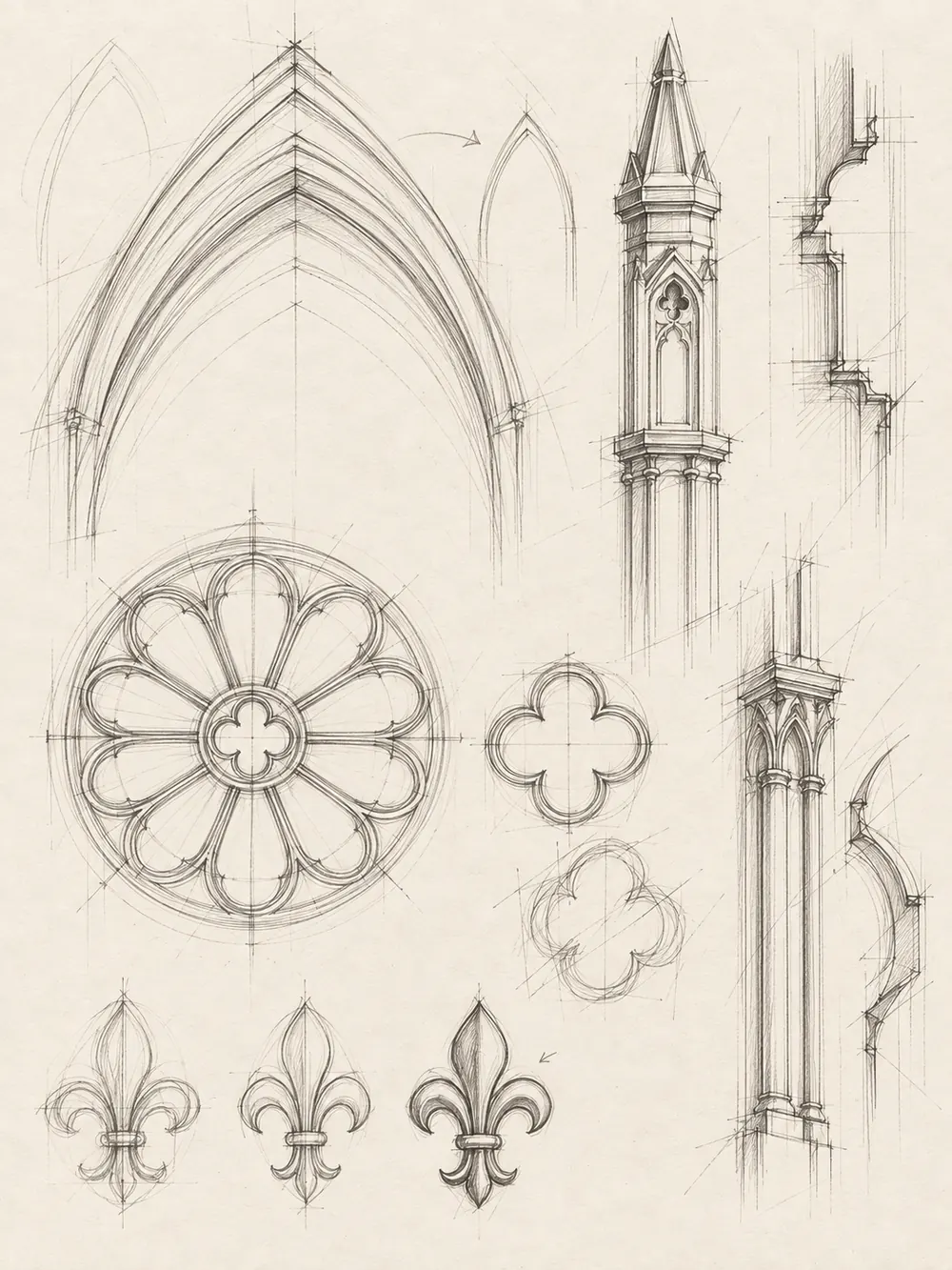 Design sketch 2: Pulling out the elements: arch, rose, fleur-de-lis