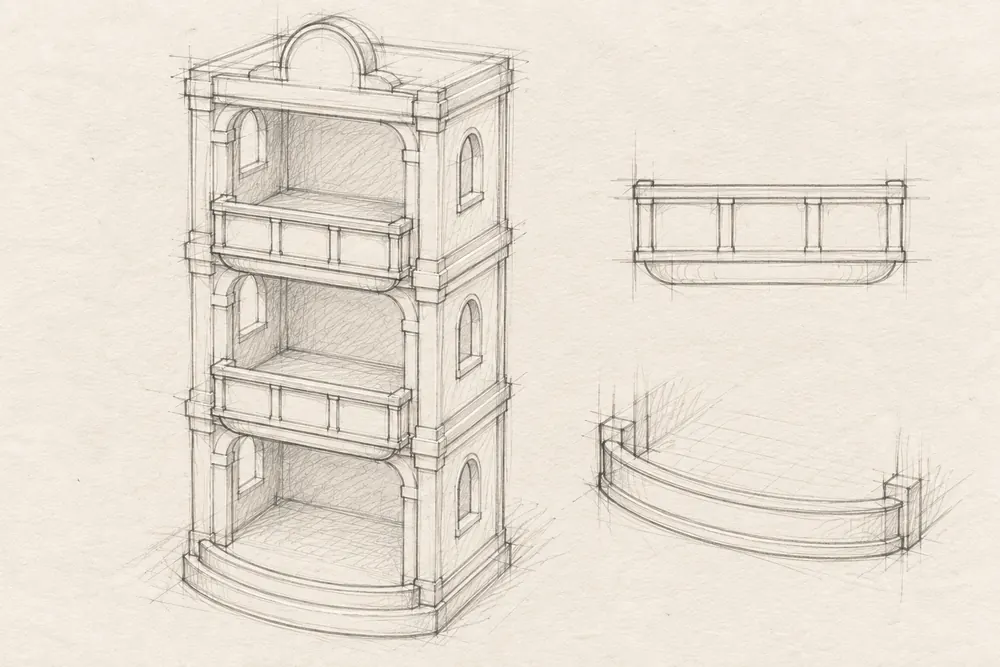 Design sketch 7: Balcony and stage-front details